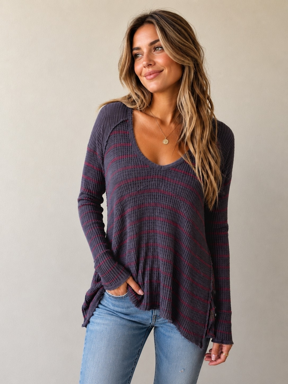 Free People Tunic Top oversized women size M Sunset Park Drippy Thermal Waffle